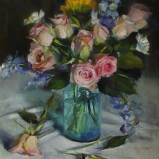Pink Roses in a Mason Jar by Vicki Blum