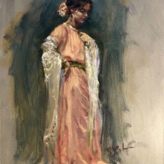 sketch in salmon dress and shawl by Sandra Cohen