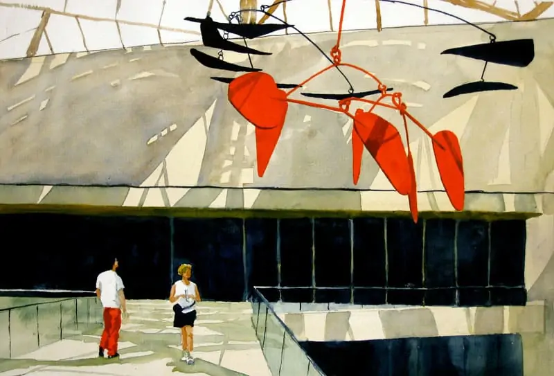 Contemplating Calder by Art League instructor Peter Ulrich depicts the National Gallery of Art’s East Wing.