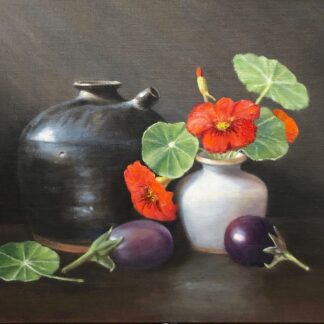 Autumn Harvest Eggplant and Nasturtiums by Brent Erickson