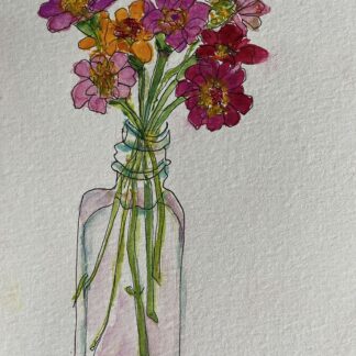 Zinnias in a Found Vintage Pierce Medicine Bottle by Dale McGrath