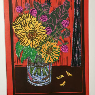 "Sunflowers with Globe Amaranth" by Ellen Rosenthal
