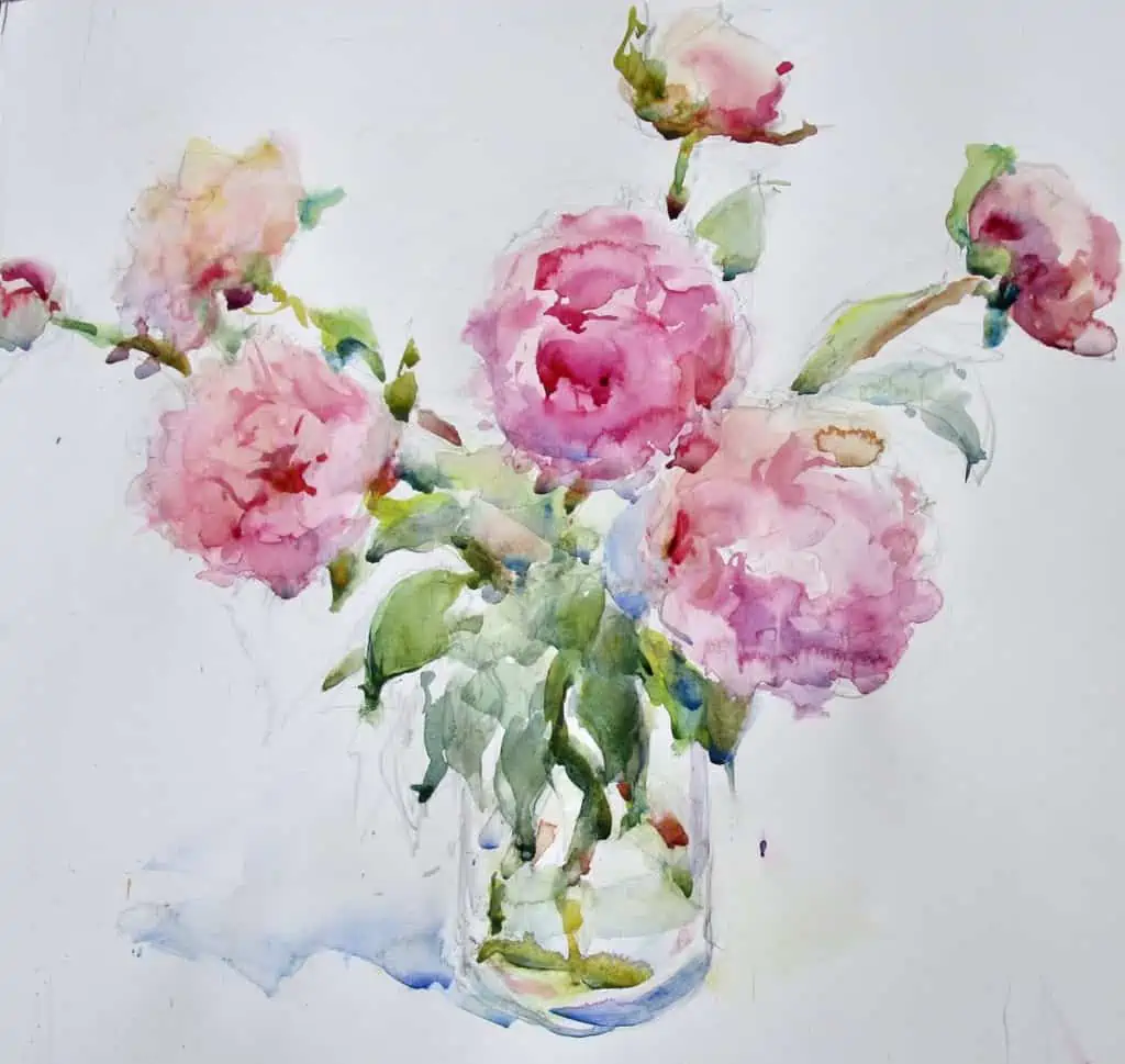 A watercolor of pink peonies by Jacqueline Saunders